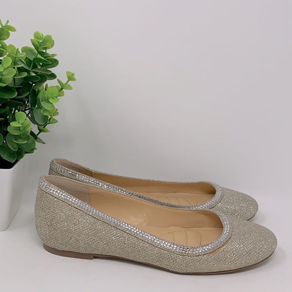 Badgley Mischka American Glamour Women’s Sparkly Gold Rhinestone Slip On Flats - Picture 1 of 14